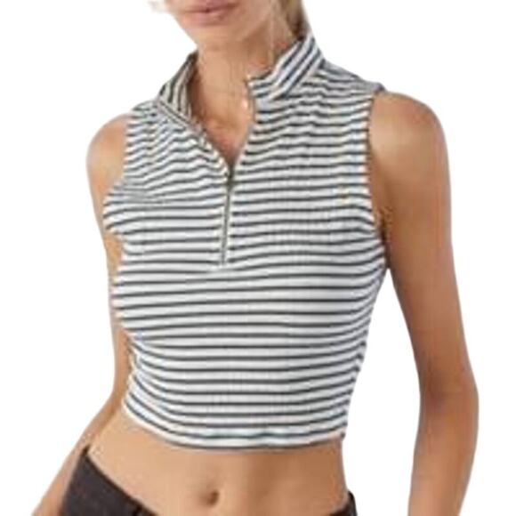 O'NEILL Slate Allina Stripe Zip Up Tank Top Top Navy Skimmer Cropped NWT Large - Picture 1 of 9